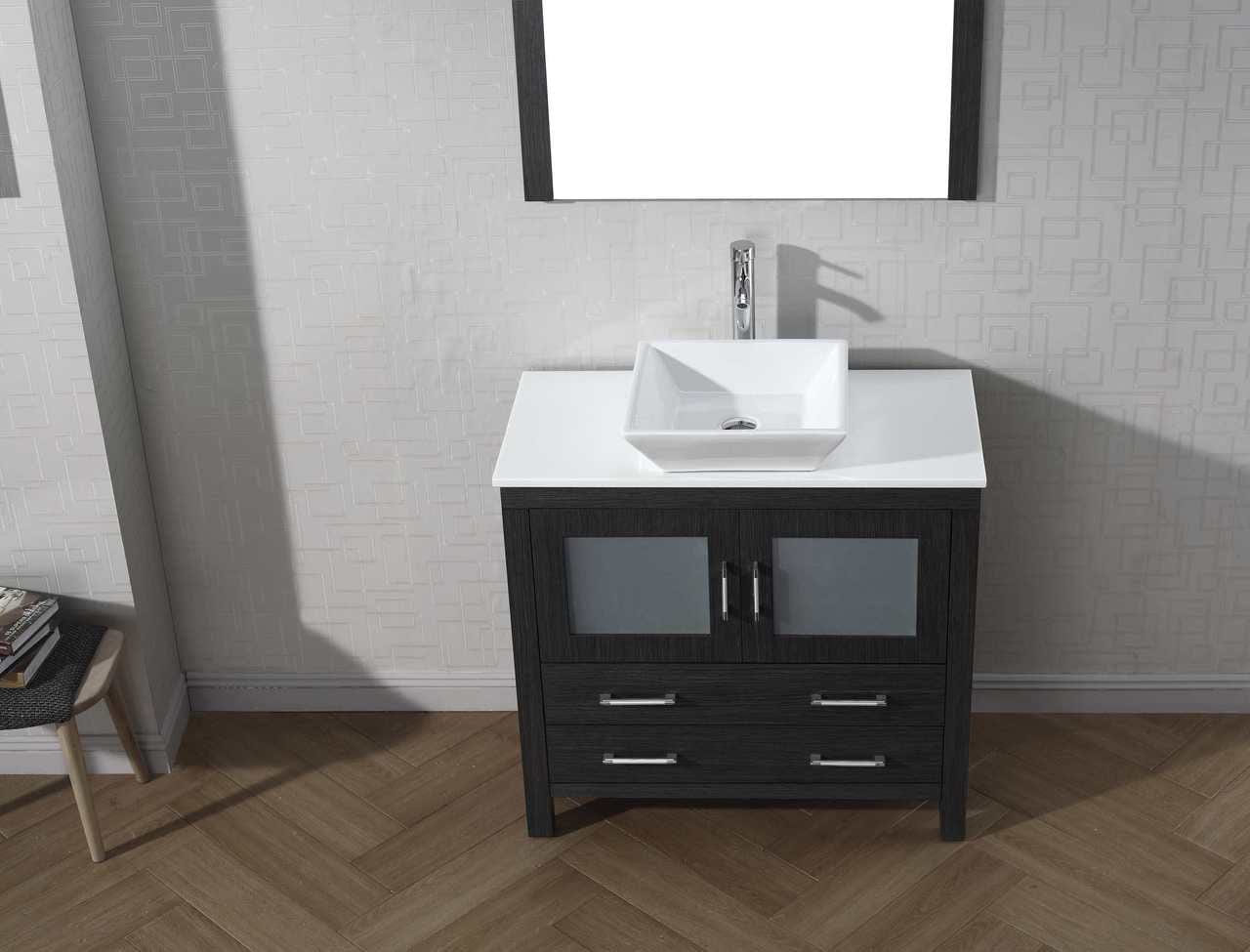 Virtu USA Dior 36 Single Bathroom Vanity Set in Zebra Grey w/ Pure White Stone Counter-Top | Vessel Sink