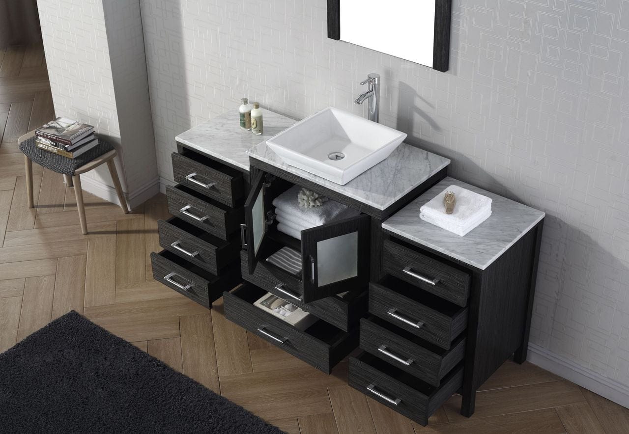 Virtu USA Dior 60 Single Bathroom Vanity Set in Zebra Grey w/ Italian Carrara White Marble Counter-Top | Vessel Sink