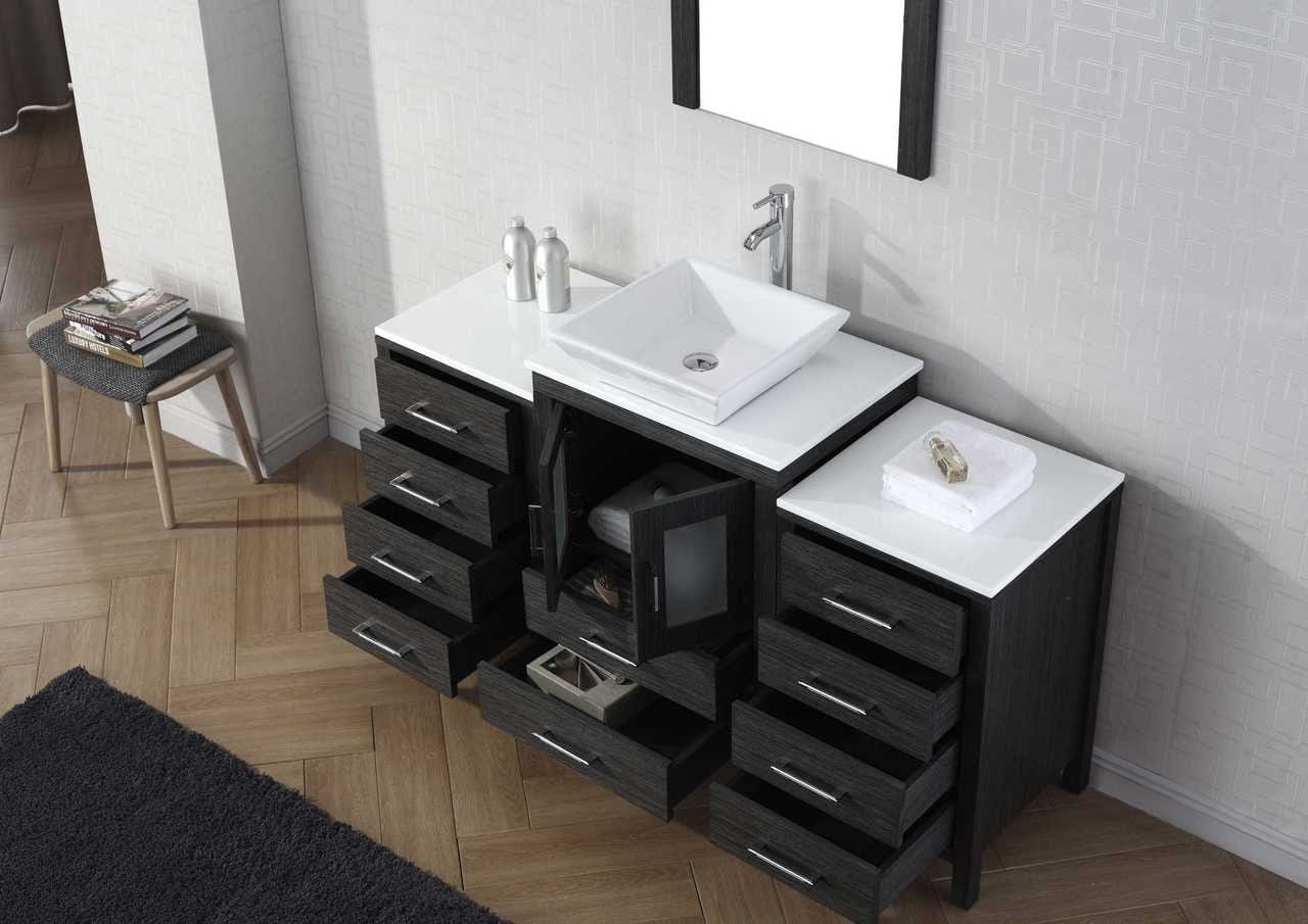 Virtu USA Dior 60 Single Bathroom Vanity Set in Zebra Grey w/ Pure White Stone Counter-Top | Vessel Sink