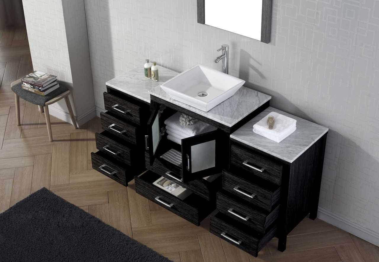 Virtu USA Dior 64 Single Bathroom Vanity Set in Zebra Grey w/ Italian Carrara White Marble Counter-Top | Vessel Sink