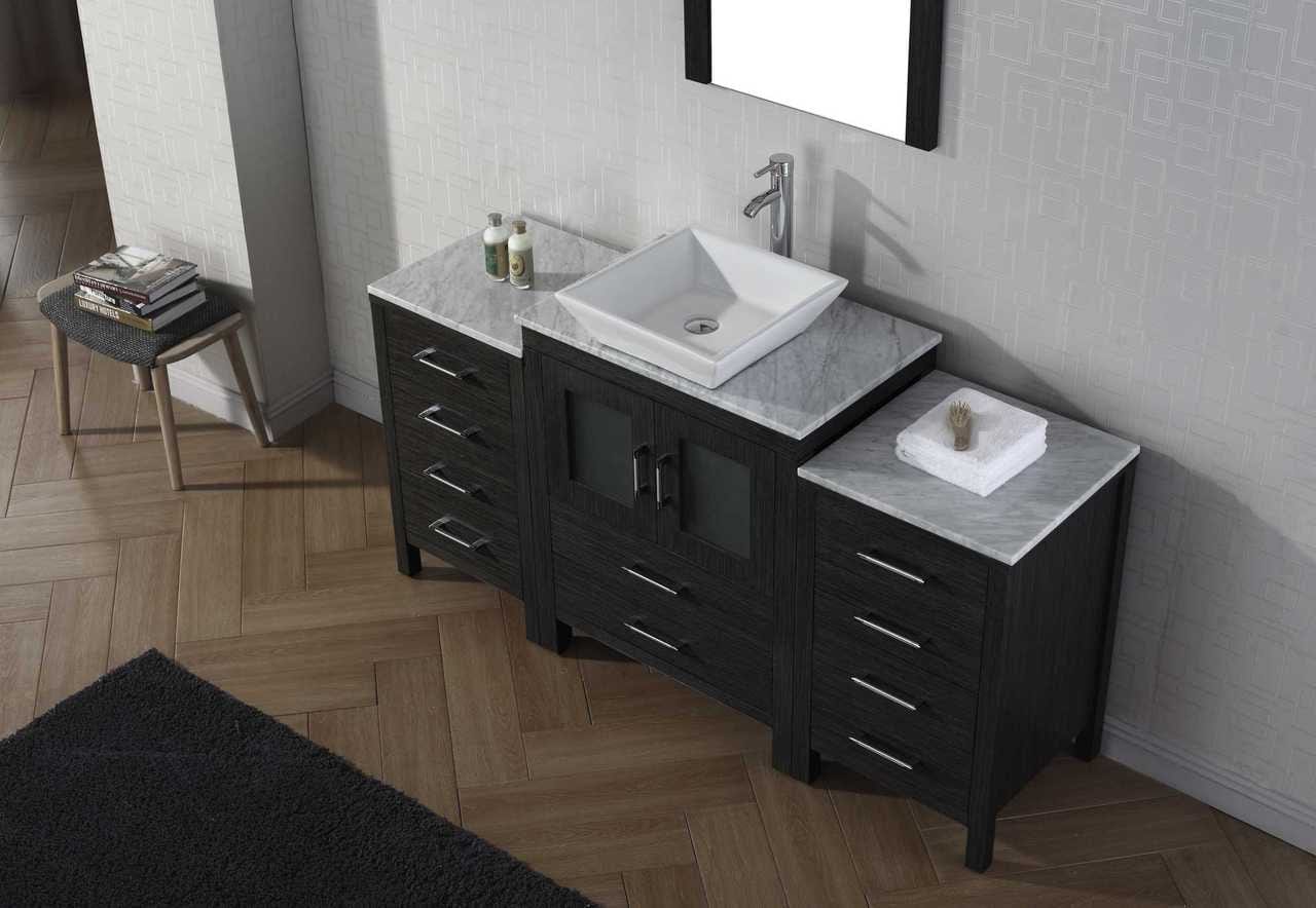 Virtu USA Dior 64 Single Bathroom Vanity Set in Zebra Grey w/ Italian Carrara White Marble Counter-Top | Vessel Sink