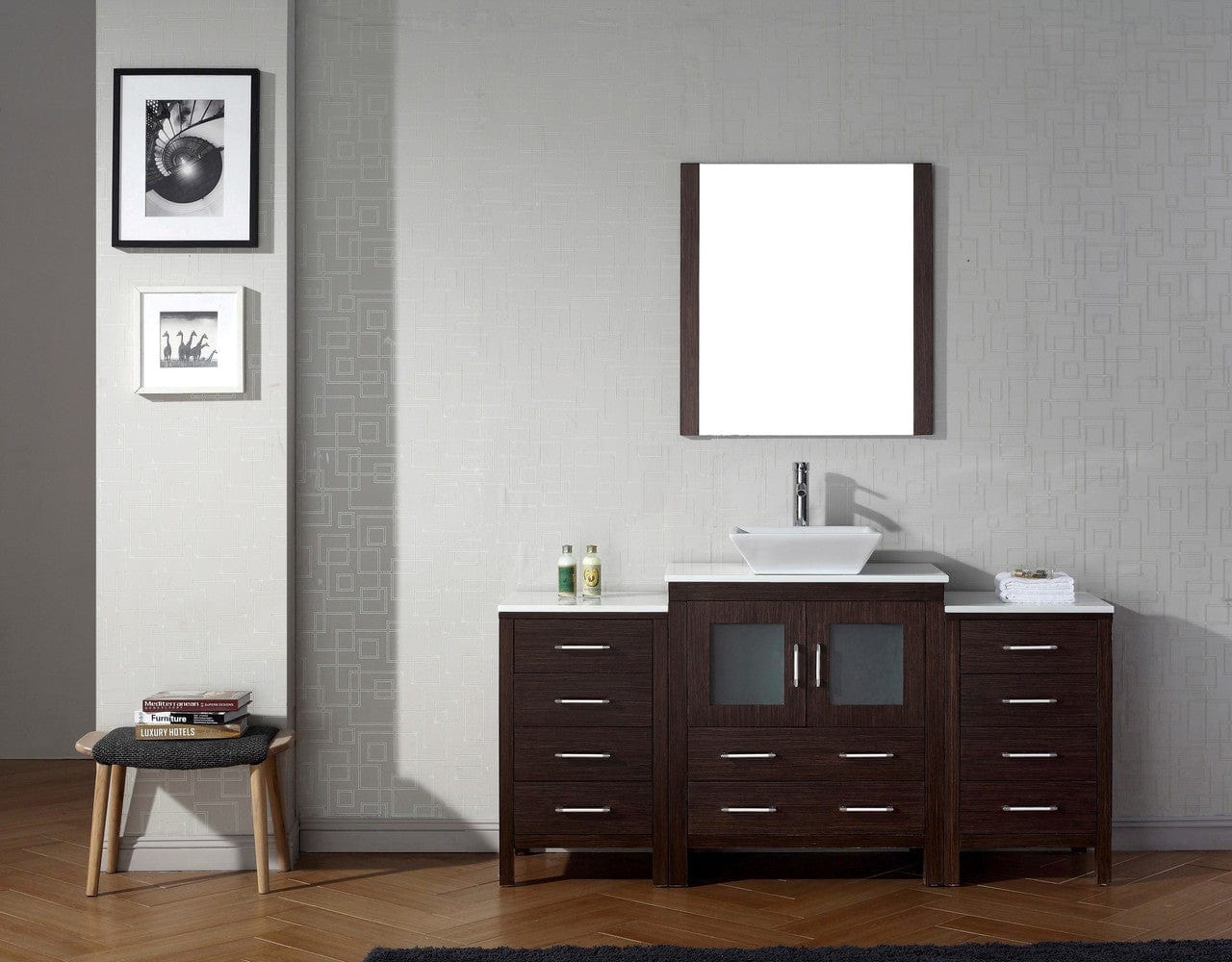 Virtu USA Dior 66" Single Bathroom Vanity Cabinet Set in Espresso w/ Pure White Stone Counter-Top