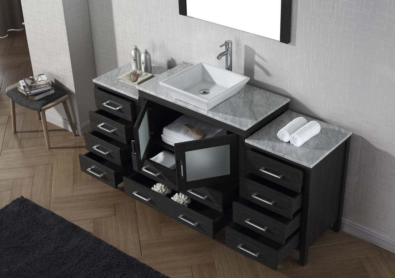 Virtu USA Dior 66 Single Bathroom Vanity Set in Zebra Grey w/ Italian Carrara White Marble Counter-Top | Vessel Sink