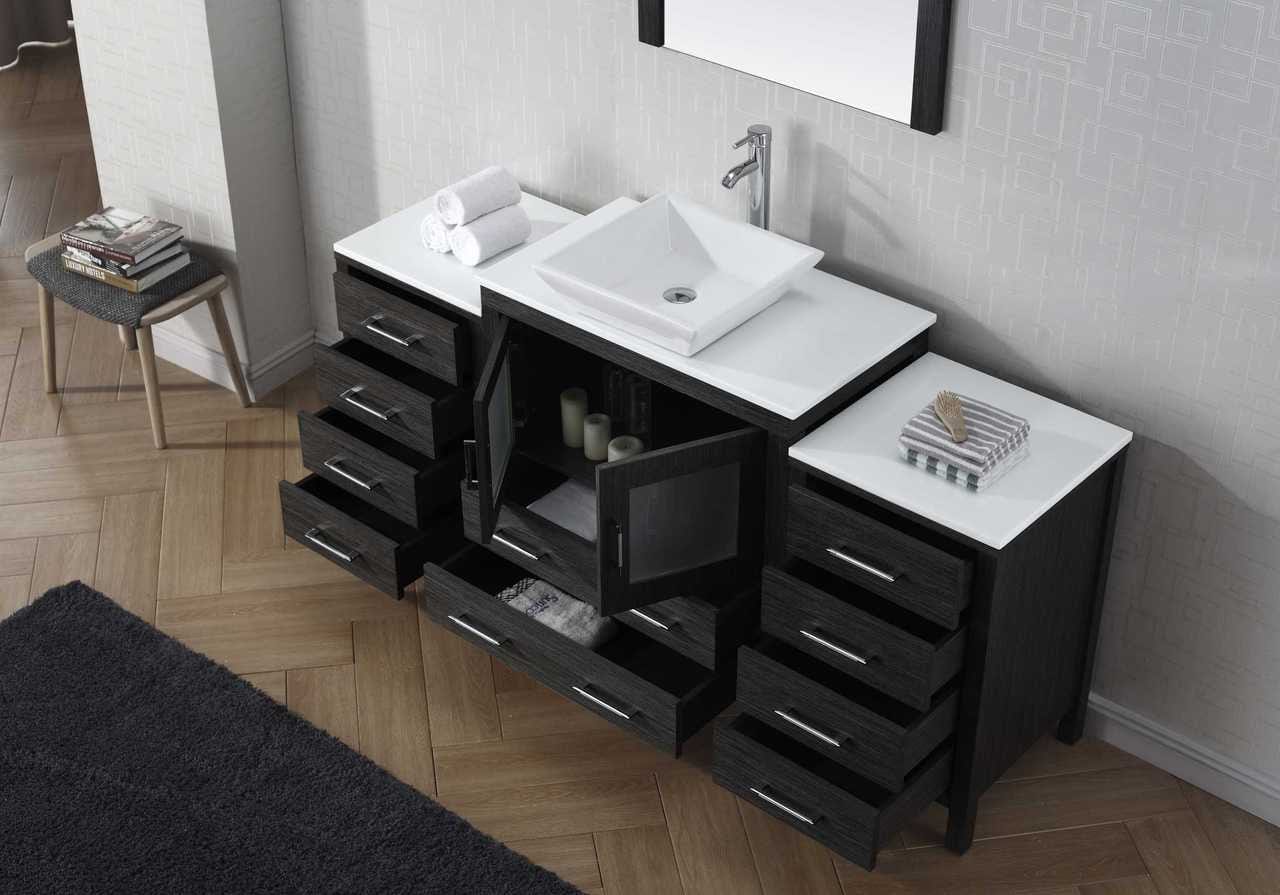 Virtu USA Dior 68 Single Bathroom Vanity Set in Zebra Grey w/ Pure White Stone Counter-Top | Vessel Sink