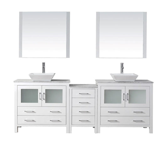 Virtu USA Dior 78" Double Bathroom Vanity Cabinet Set in White w/ Italian Carrara White Marble Counter-Top