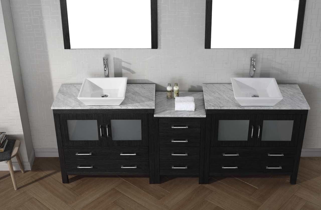 Virtu USA Dior 78 Double Bathroom Vanity Set in Zebra Grey w/ Italian Carrara White Marble Counter-Top | Vessel Sink