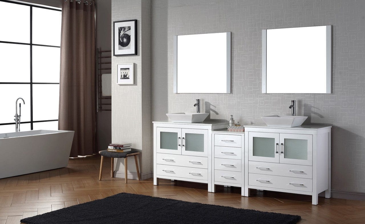 Virtu USA Dior 90 Double Bathroom Vanity Set in White w/ Pure White Stone Counter-Top | Vessel Sink