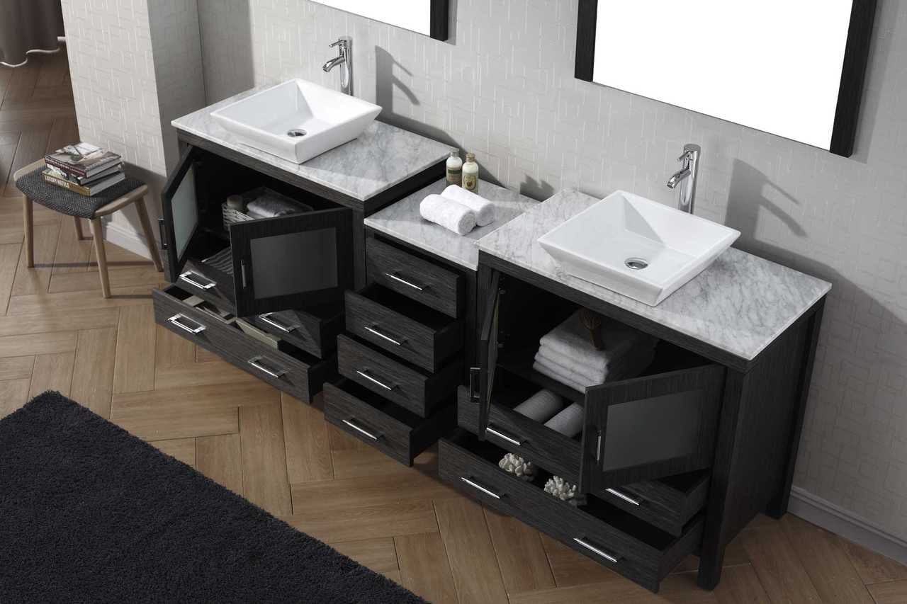 Virtu USA Dior 90 Double Bathroom Vanity Set in Zebra Grey w/ Italian Carrara White Marble Counter-Top | Vessel Sink