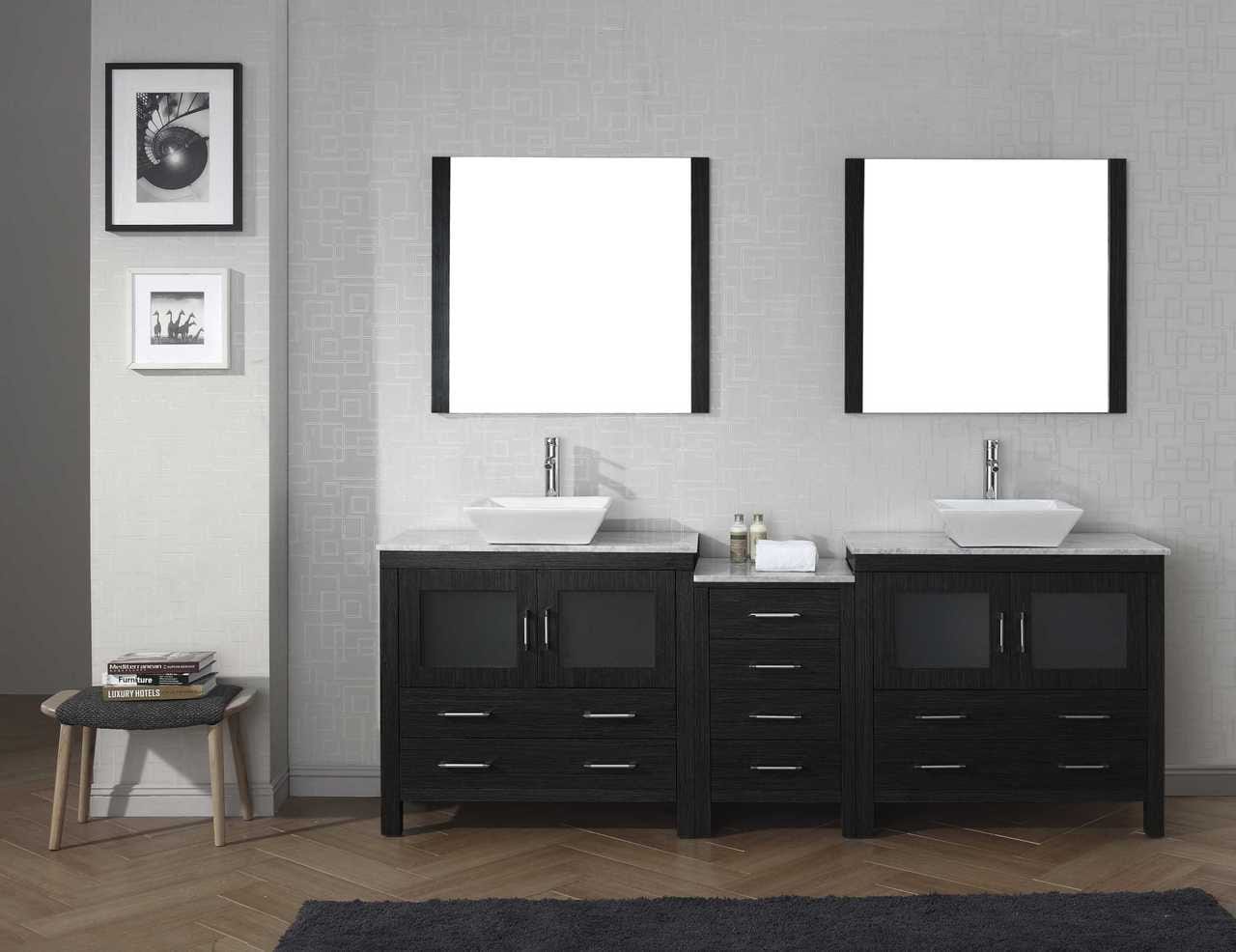 Virtu USA Dior 90 Double Bathroom Vanity Set in Zebra Grey w/ Italian Carrara White Marble Counter-Top | Vessel Sink