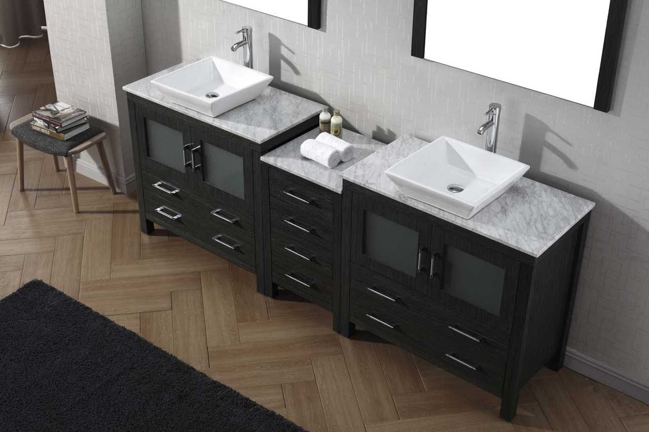 Virtu USA Dior 90 Double Bathroom Vanity Set in Zebra Grey w/ Italian Carrara White Marble Counter-Top | Vessel Sink
