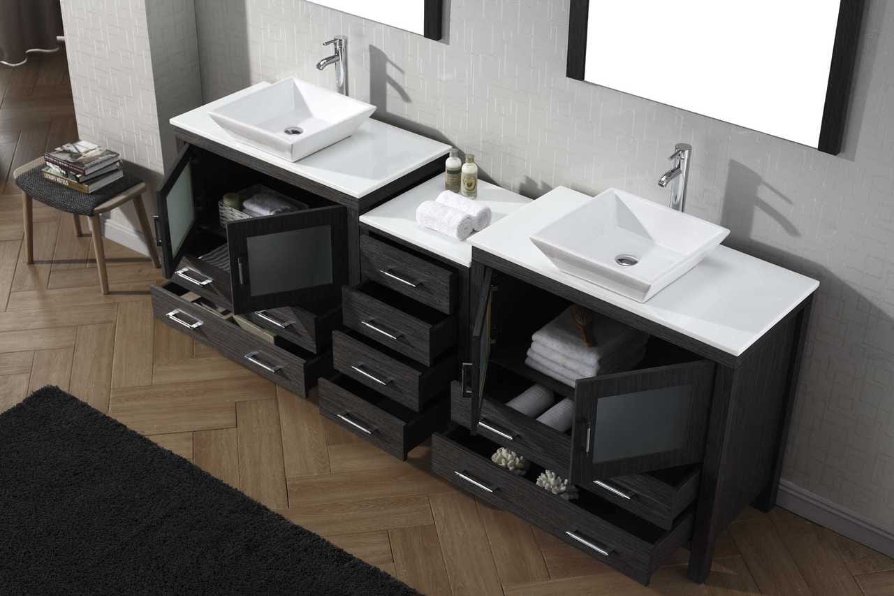 Virtu USA Dior 90 Double Bathroom Vanity Set in Zebra Grey w/ Pure White Stone Counter-Top | Vessel Sink