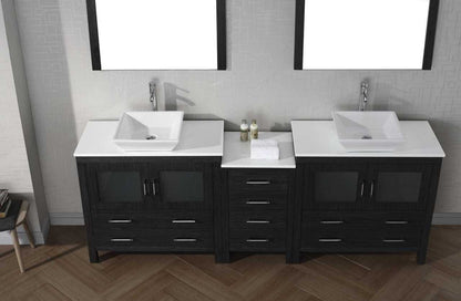 Virtu USA Dior 90 Double Bathroom Vanity Set in Zebra Grey w/ Pure White Stone Counter-Top | Vessel Sink