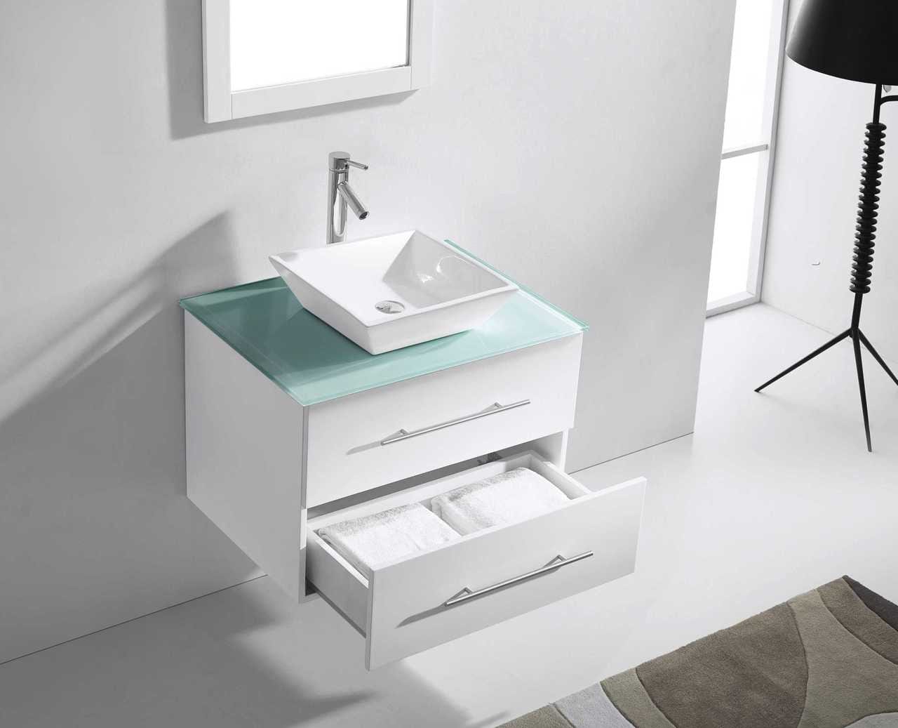 Virtu USA Marsala 29 Single Bathroom Vanity Set in White w/ Tempered Glass Counter-Top | Square Basin