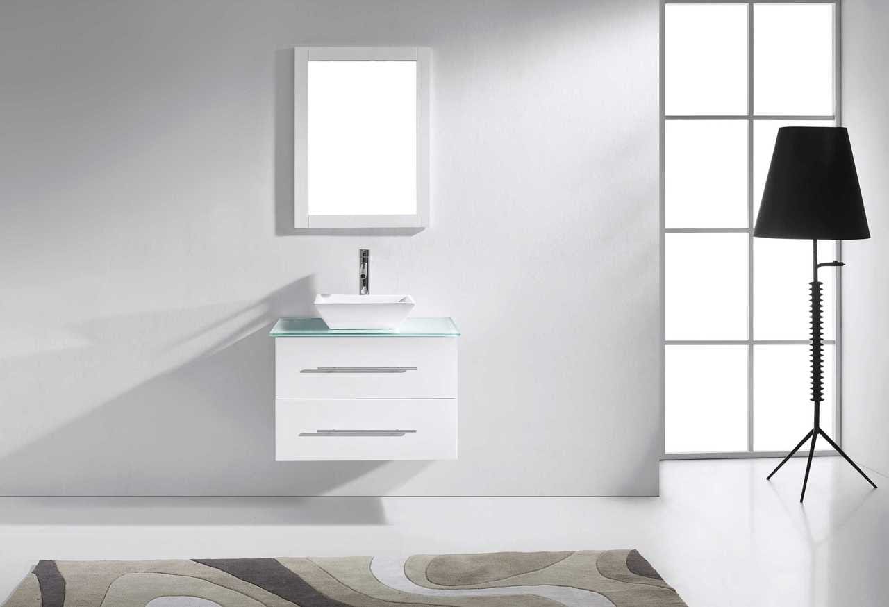 Virtu USA Marsala 29 Single Bathroom Vanity Set in White w/ Tempered Glass Counter-Top | Square Basin