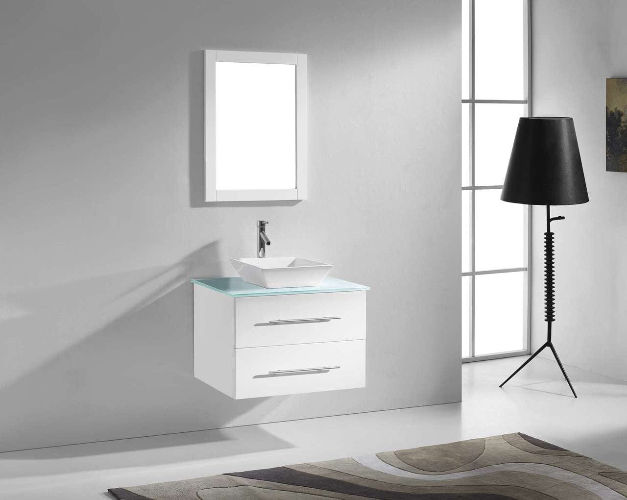 Virtu USA Marsala 29 Single Bathroom Vanity Set in White w/ Tempered Glass Counter-Top | Square Basin
