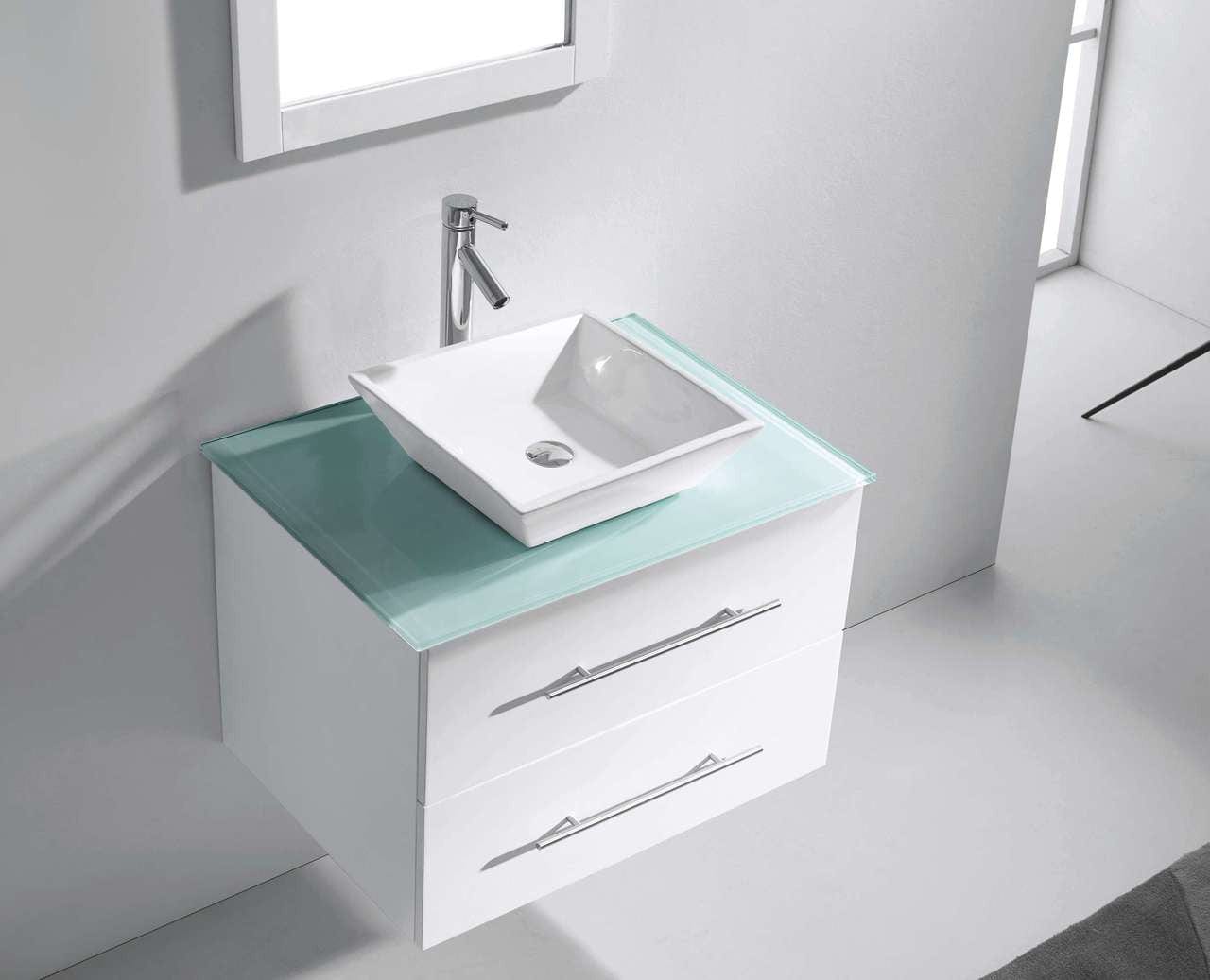 Virtu USA Marsala 29 Single Bathroom Vanity Set in White w/ Tempered Glass Counter-Top | Square Basin