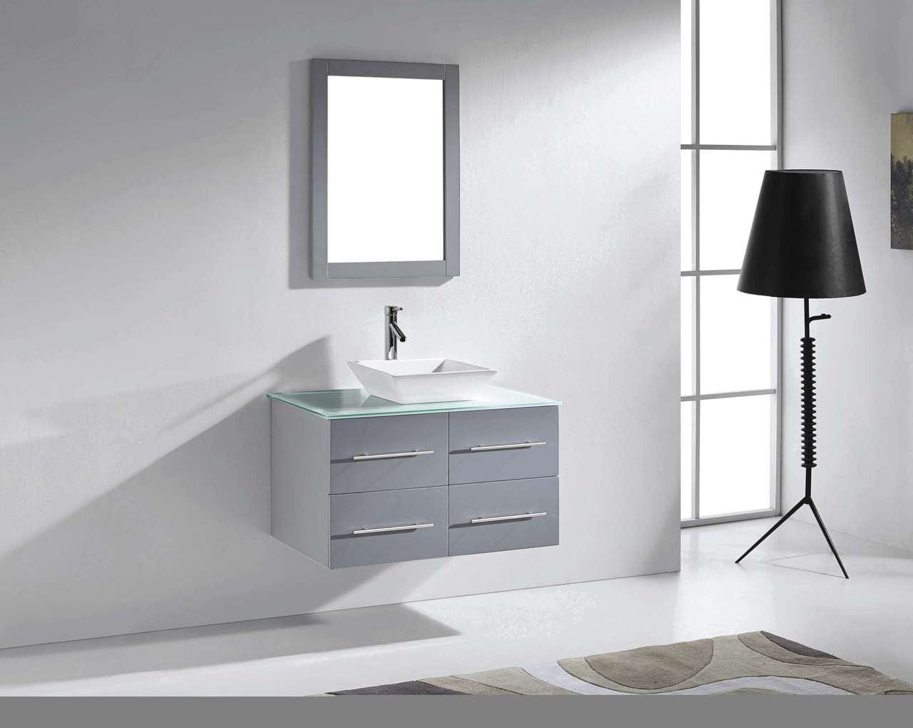 Virtu USA Marsala 35 Single Bathroom Vanity Set in Grey w/ Tempered Glass Counter-Top | Square Basin