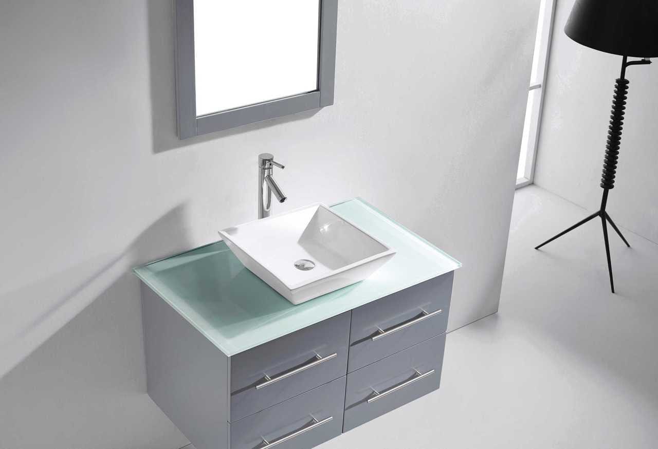 Virtu USA Marsala 35 Single Bathroom Vanity Set in Grey w/ Tempered Glass Counter-Top | Square Basin