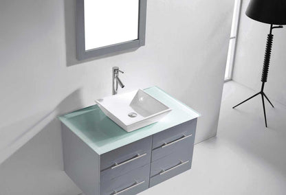 Virtu USA Marsala 35 Single Bathroom Vanity Set in Grey w/ Tempered Glass Counter-Top | Square Basin