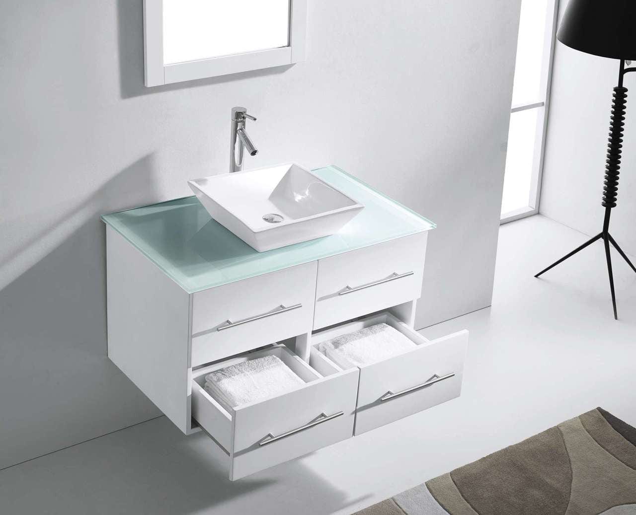 Virtu USA Marsala 35 Single Bathroom Vanity Set in White w/ Tempered Glass Counter-Top | Square Basin