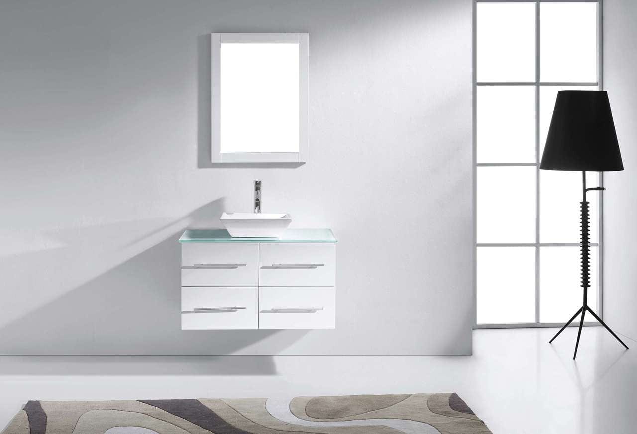 Virtu USA Marsala 35 Single Bathroom Vanity Set in White w/ Tempered Glass Counter-Top | Square Basin