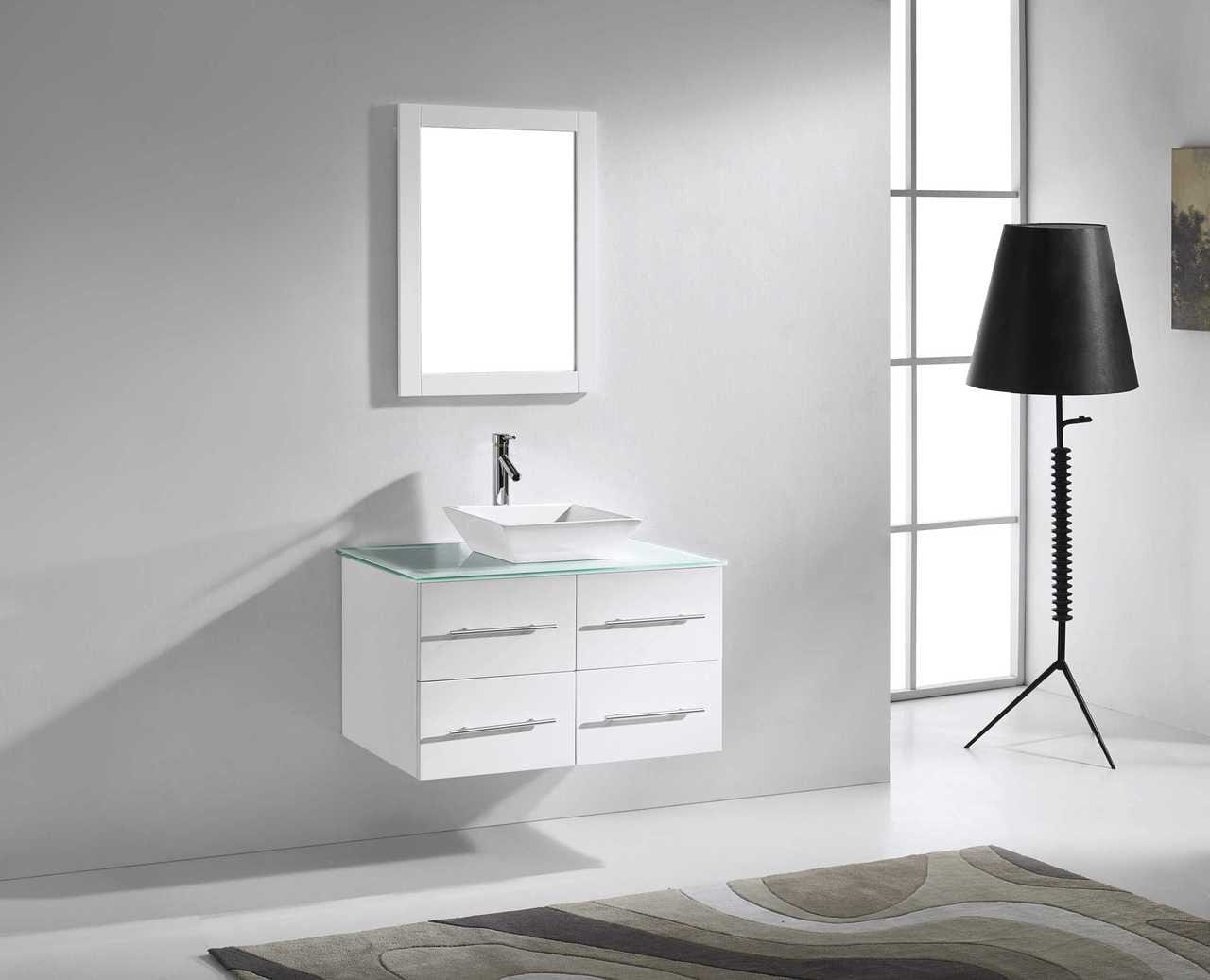 Virtu USA Marsala 35 Single Bathroom Vanity Set in White w/ Tempered Glass Counter-Top | Square Basin