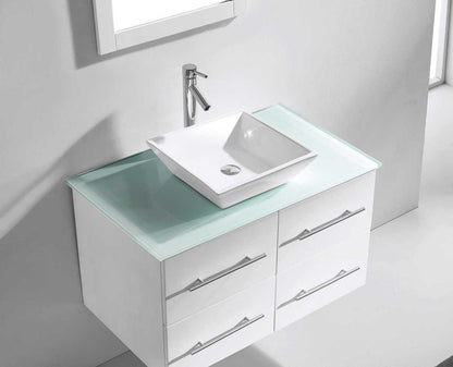 Virtu USA Marsala 35 Single Bathroom Vanity Set in White w/ Tempered Glass Counter-Top | Square Basin