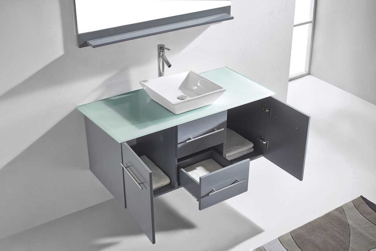 Virtu USA Marsala 48 Single Bathroom Vanity Set in Grey w/ Tempered Glass Counter-Top | Square Basin