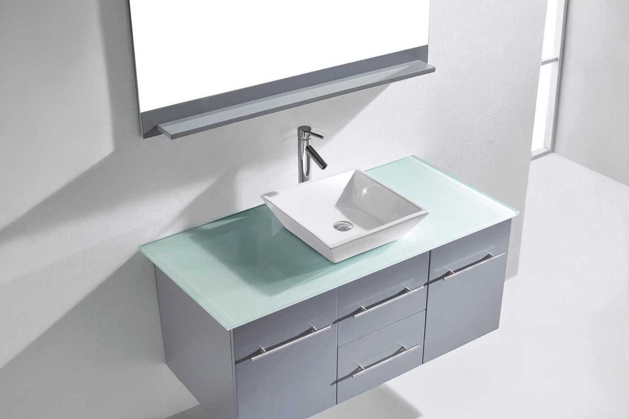 Virtu USA Marsala 48 Single Bathroom Vanity Set in Grey w/ Tempered Glass Counter-Top | Square Basin