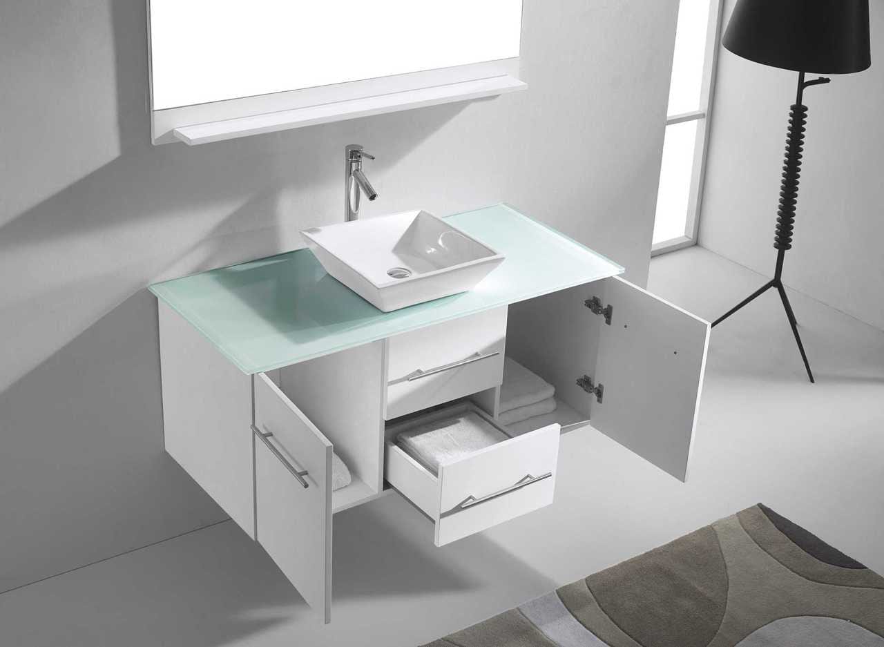 Virtu USA Marsala 48 Single Bathroom Vanity Set in White w/ Tempered Glass Counter-Top | Square Basin