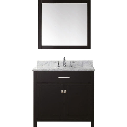 Virtu USA Caroline 36" Single Bathroom Vanity Cabinet Set in Espresso w/ Italian Carrara White Marble Counter-Top, Square Sink