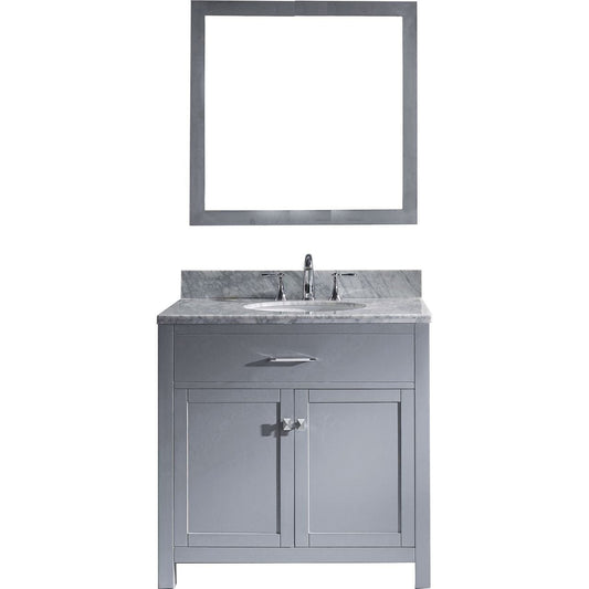 Virtu USA Caroline 36" Single Bathroom Vanity Cabinet Set in Grey w/ Italian Carrara White Marble Counter-Top, Round Basin