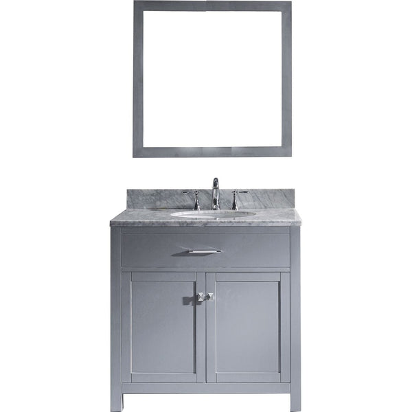 Virtu USA Caroline 36 Single Bathroom Vanity Cabinet Set in Grey w/ Italian Carrara White Marble Counter-Top, Round Basin
