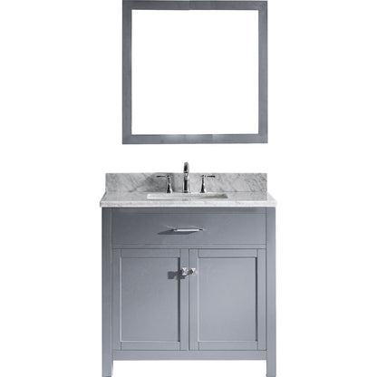 Virtu USA Caroline 36" Single Bathroom Vanity Cabinet Set in Grey w/ Italian Carrara White Marble CounterTop, Square Sink