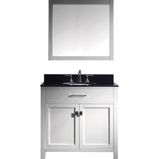 Virtu USA Caroline 36" Single Bathroom Vanity Set in White w/ Black Galaxy Granite Counter-Top, Round Sink