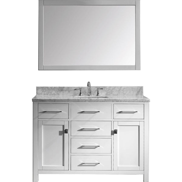 Virtu USA Caroline 48 Single Bathroom Vanity Cabinet Set in White w/ White Marble Counter-Top, Square Sink
