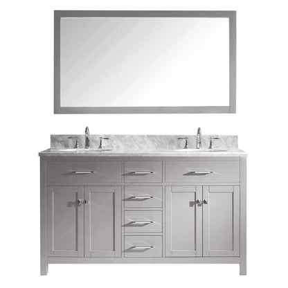 Virtu USA Caroline 60" Double Bathroom Vanity in Cashmere Grey w/ Marble Top & Round Sink w/ Mirror