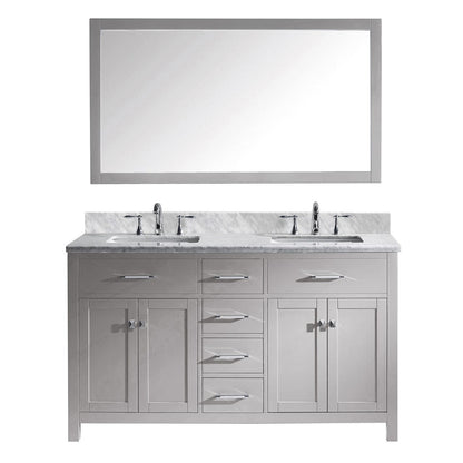 Virtu USA Caroline 60" Double Bathroom Vanity in Cashmere Grey w/ Marble Top & Square Sink w/ Mirror
