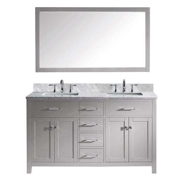 Virtu USA Caroline 60 Double Bathroom Vanity in Cashmere Grey w/ Marble Top & Square Sink w/ Mirror