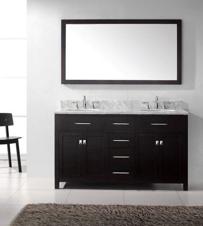 Virtu USA Caroline Avenue 60" Double Bathroom Vanity Cabinet Set in Espresso w/ Italian Carrara White Marble Counter-Top, Round Basin