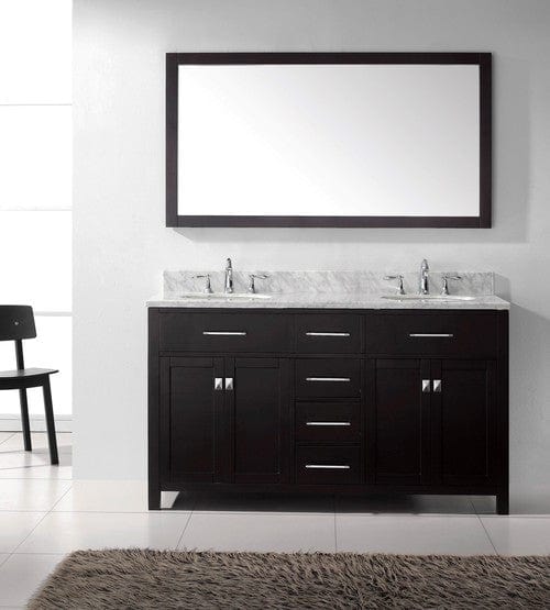 Virtu USA Caroline Avenue 60 Double Bathroom Vanity Cabinet Set in Espresso w/ Italian Carrara White Marble Counter-Top, Round Basin