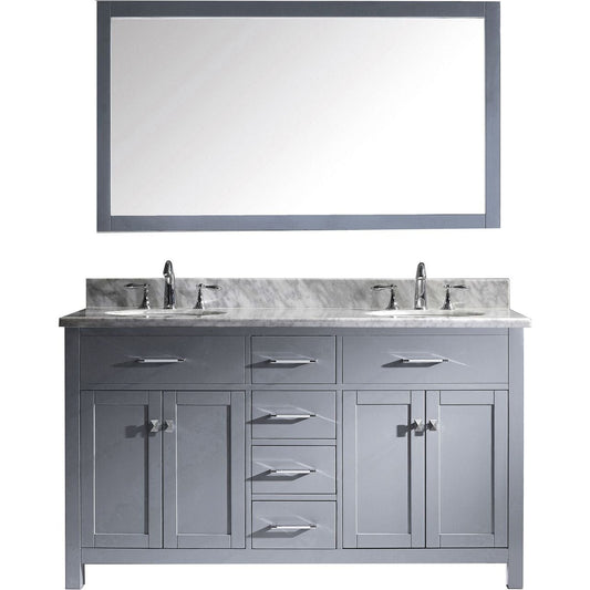 Virtu USA Caroline 60" Double Bathroom Vanity Set in Grey w/ Italian Carrara White Marble Counter-Top