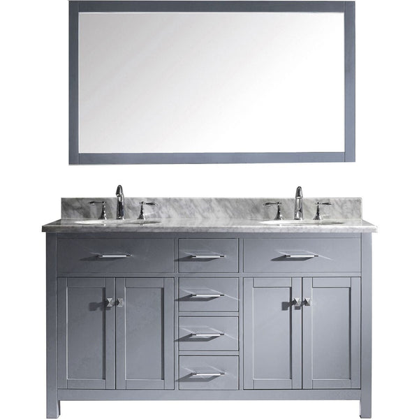 Virtu USA Caroline 60 Double Bathroom Vanity Set in Grey w/ Italian Carrara White Marble Counter-Top