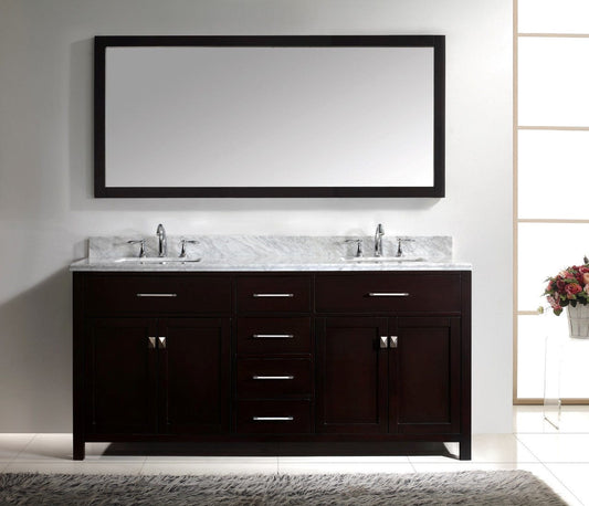 Virtu USA Caroline 72" Double Bathroom Vanity Cabinet Set in Espresso w/ Italian Carrara White Marble Counter-Top