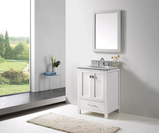 Virtu USA Caroline Avenue 24" Single Bathroom Vanity Cabinet Set in White w/ Italian Carrara White Marble Counter-Top, Round Basin