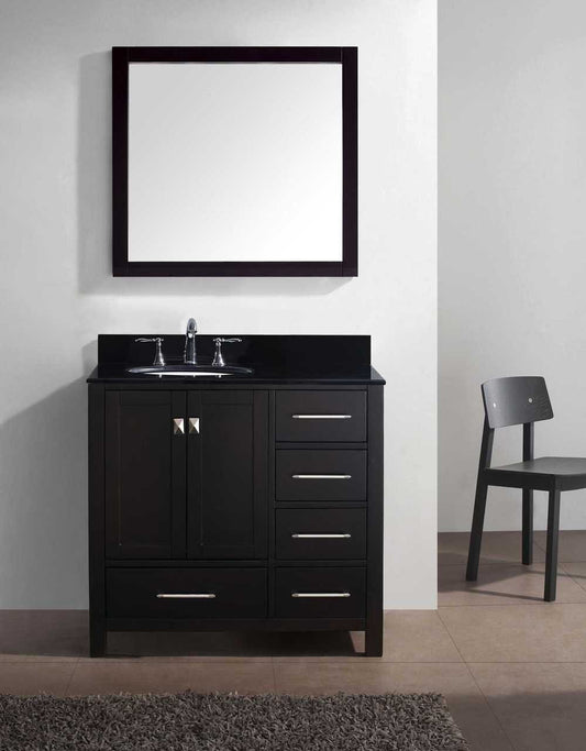 Virtu USA Caroline Avenue 36 Single Bathroom Vanity Set in Espresso w/ Black Galaxy Granite Counter-Top | Round Basin