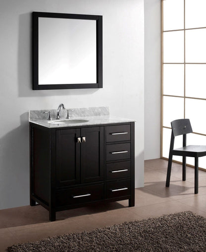 Virtu USA Caroline Avenue 36" Single Bathroom Vanity Cabinet Set in Espresso w/ Italian Carrara White Marble Counter-Top, Round Basin