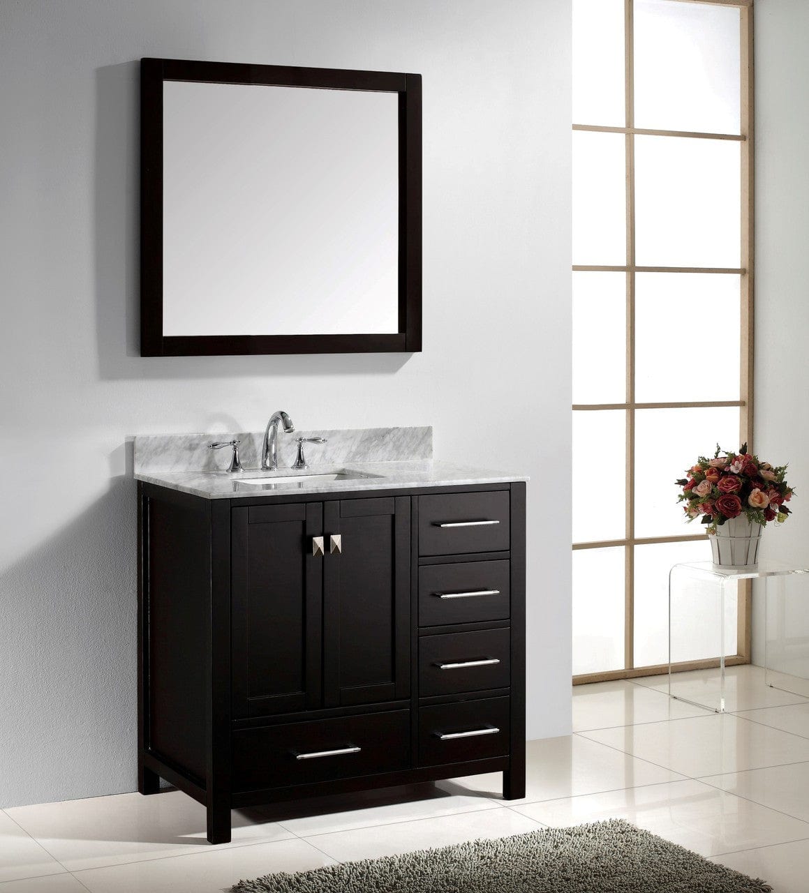 Virtu USA Caroline Avenue 36" Single Bathroom Vanity Cabinet Set in Espresso w/ Italian Carrara White Marble Counter-Top