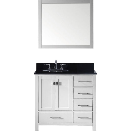Virtu USA Caroline Avenue 36 Single Bathroom Vanity Set in White w/ Black Galaxy Granite Counter-Top | Round Basin