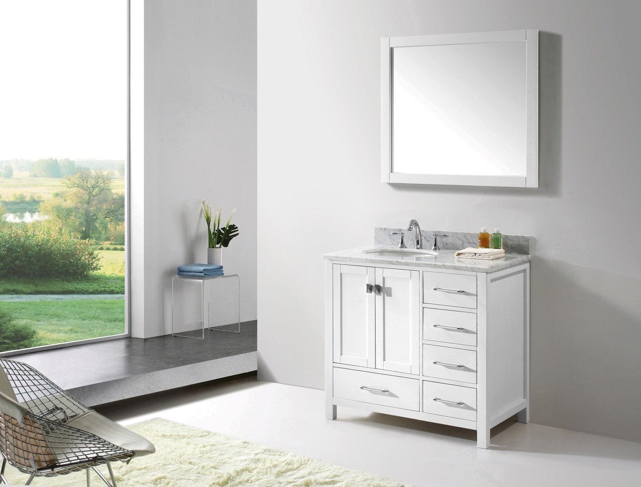 Virtu USA Caroline Avenue 36" Single Bathroom Vanity Cabinet Set in White w/ Italian Carrara White Marble Counter-Top, Round Basin